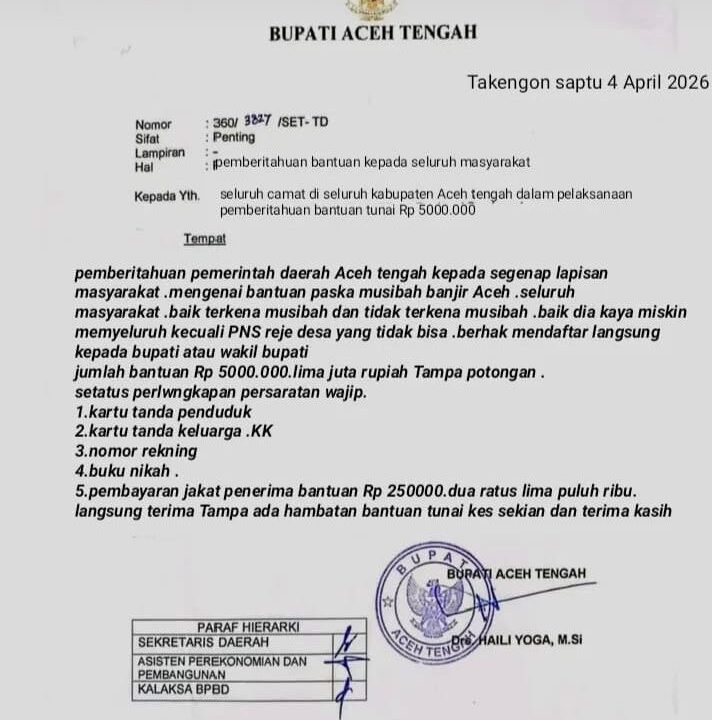 Surat Mengatasnamakan Bupati Aceh Tengah Beredar, Warga Diminta Tidak Percaya